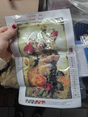 partially completed paint by diamonds 20x30cm rabbit in rose bush- canvas only